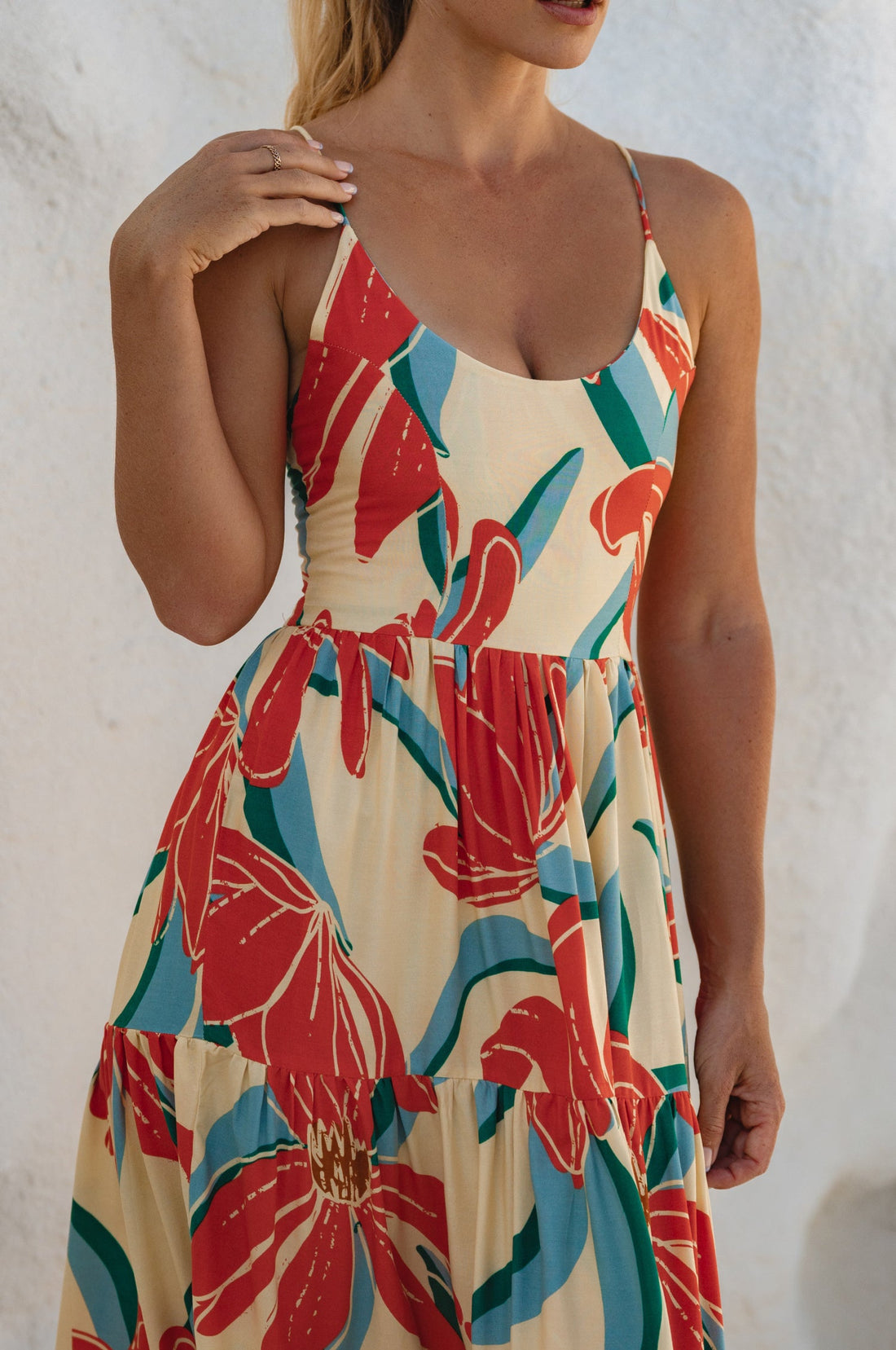 Sea Dreamer Strappy Midi Dress featuring vibrant floral patterns and a scoop neckline, perfect for beachside holidays.