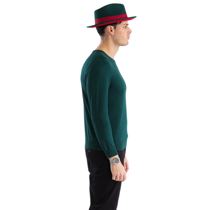 Sam Jacobi Mens Pullover Hunter Green Knitted Sweater Crewneck Stylish Knitwear Long Sleeve Casual Slim Fit, side view.