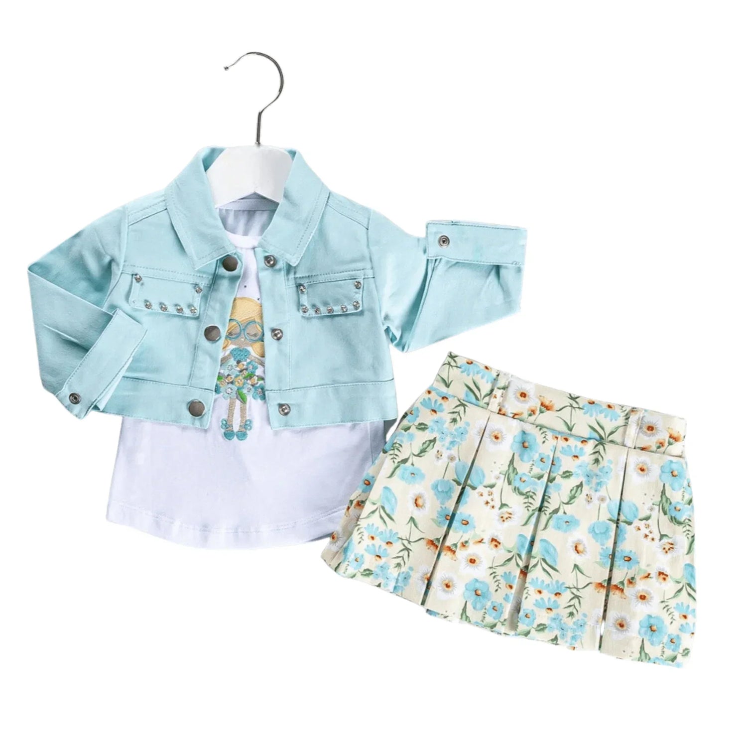 girls casual outfit set Cubana Nana Girls Casual Set featuring a knit cotton blazer, embroidered t-shirt, and floral skirt.