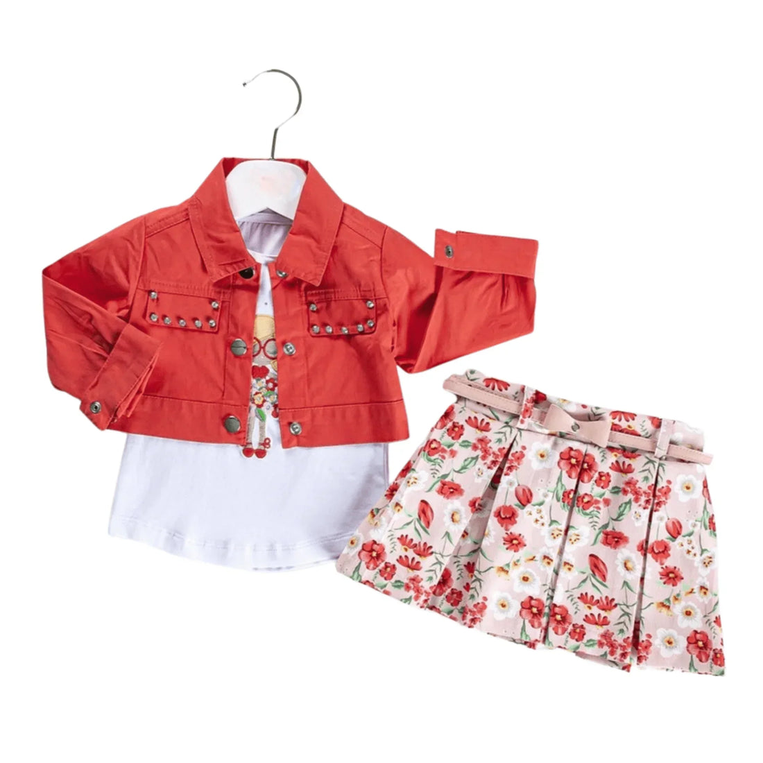 girls casual outfit set Cubana Nana Girls Casual Set featuring a knit cotton blazer, embroidered t-shirt, and floral skirt.