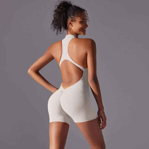 White & Grey Seamless Bodysuit – High-Impact Yoga & Fitness Romper