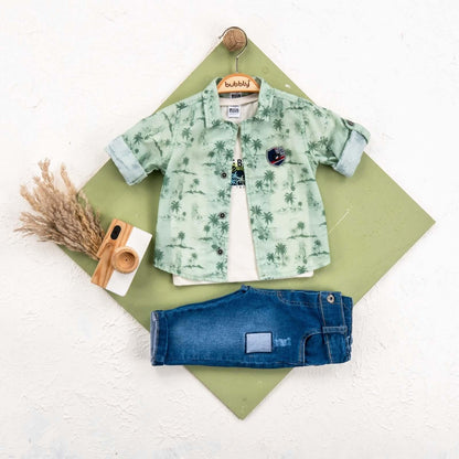 boys casual set for family outings Chill Champ Boys Casual Set featuring a green palm-print shirt, printed t-shirt, and stylish jeans.