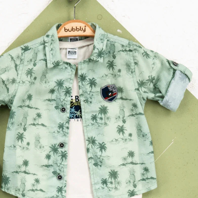 boys casual set for family outings Chill Champ Boys Casual Set featuring a stylish cotton shirt with palm tree print and simple t-shirt underneath.