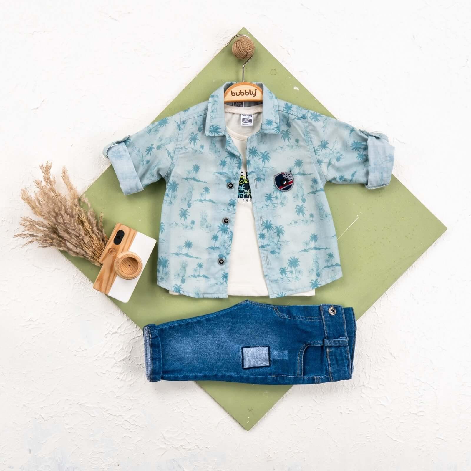boys casual set for family outings Chill Champ Boys Casual Set featuring a cotton shirt, printed t-shirt, and stylish jeans for kids.