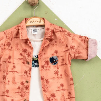 boys casual set for family outings Chill Champ Boys Casual Set featuring a stylish cotton shirt and printed t-shirt for summer outings.