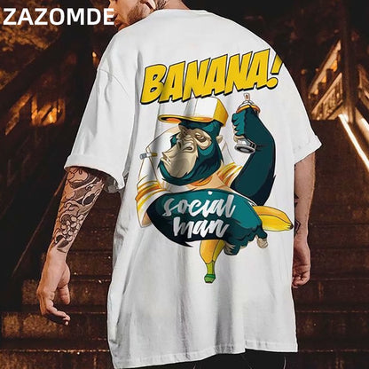 Hip Hop mens cotton T-shirt fashion loose men BF student banana print short-sleeved tees cool man wear Round neck tshirt with gorilla design.