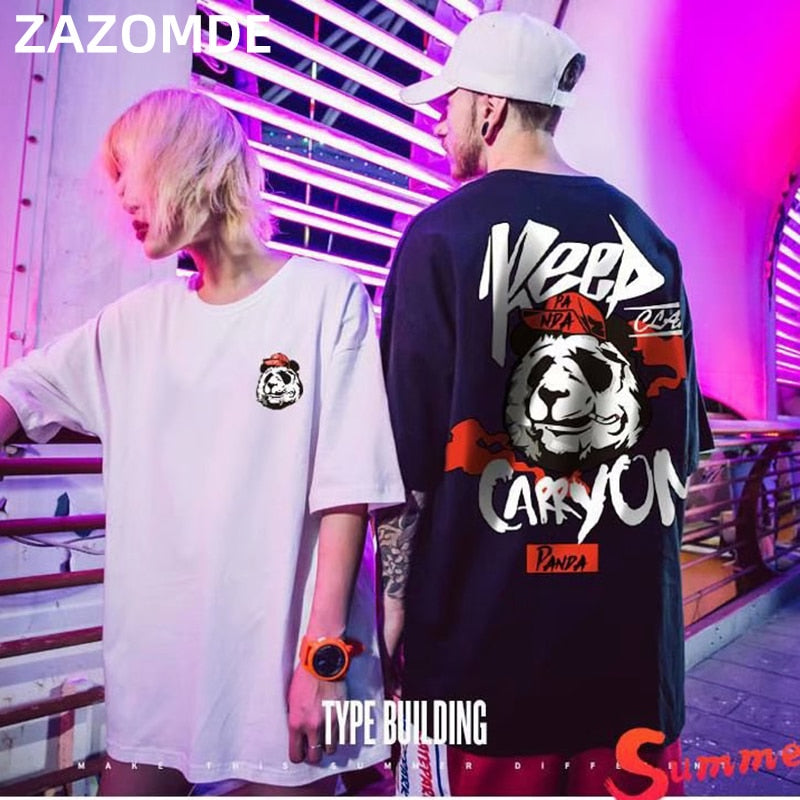 Hip hop tees shirt Panda print cotton short sleeve loose cool men T shirt casual o-neck Summer mens Punk tshirt Fashion worn by models.
