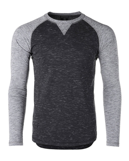 ZIMEGO Men Athletic Fit Baseball Retro Contrast Long Sleeve Raglan T-Shirt in a two-tone design with gray and black colors.