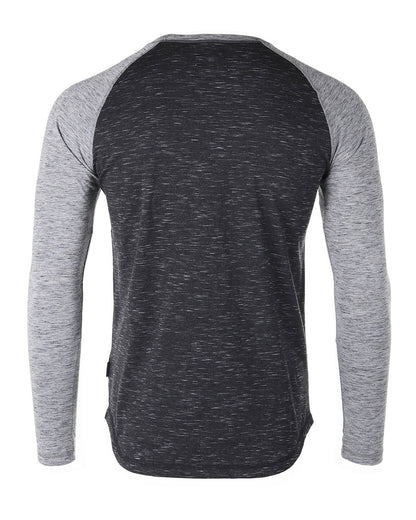 ZIMEGO Men Athletic Fit Baseball Retro Contrast Long Sleeve Raglan T-Shirt back view with grey sleeves and black body.