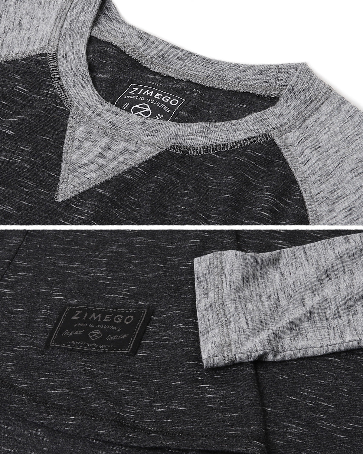 ZIMEGO Men Athletic Fit Baseball Retro Contrast Long Sleeve Raglan T-Shirt showing close-up of fabric and tag.