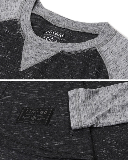 ZIMEGO Men Athletic Fit Baseball Retro Contrast Long Sleeve Raglan T-Shirt showing close-up of fabric and tag.
