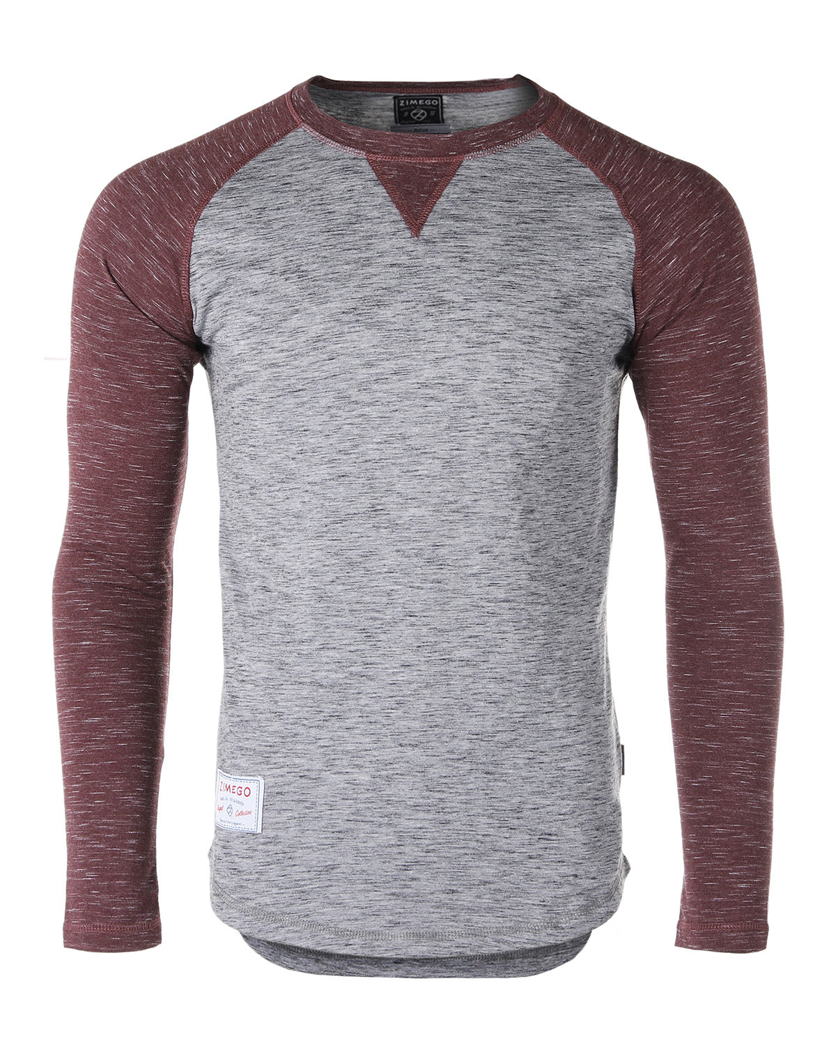 ZIMEGO Men Athletic Fit Baseball Retro Contrast Long Sleeve Raglan T-Shirt in gray and burgundy color.