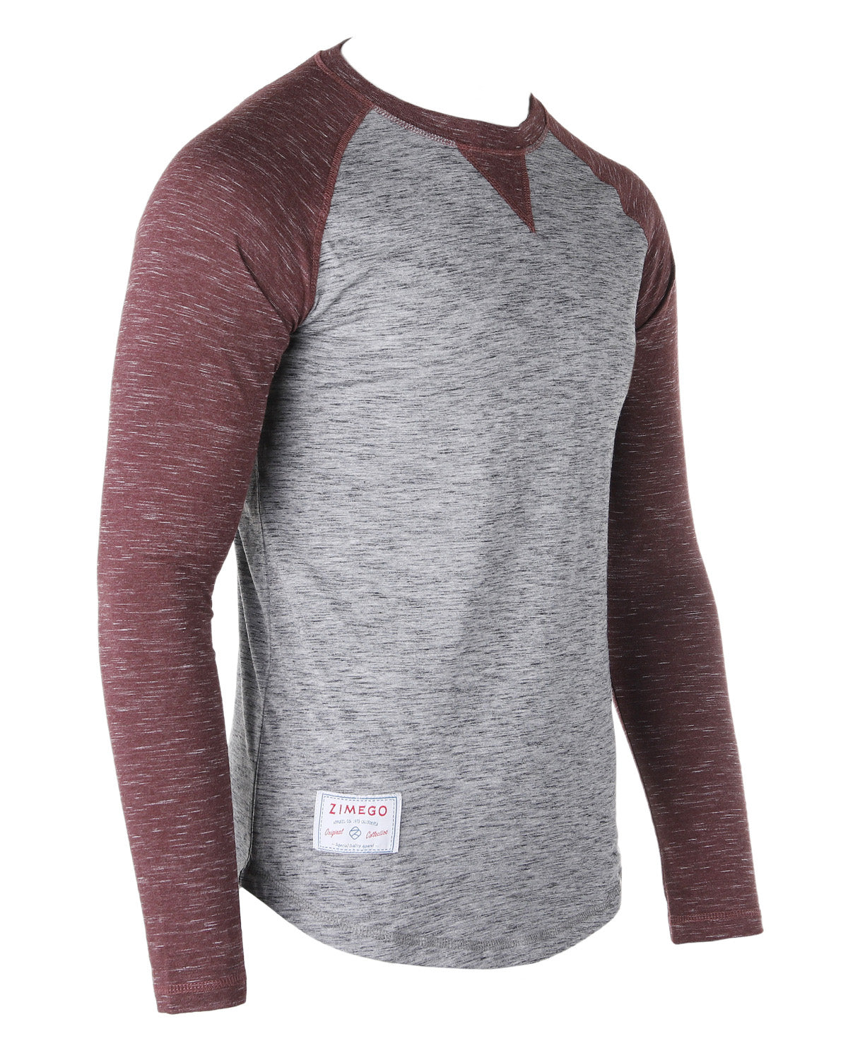 ZIMEGO Men Athletic Fit Baseball Retro Contrast Long Sleeve Raglan T-Shirt in grey and maroon color with crew neck.
