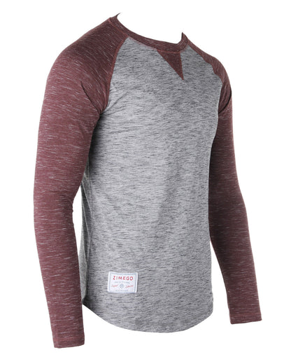 ZIMEGO Men Athletic Fit Baseball Retro Contrast Long Sleeve Raglan T-Shirt in grey and maroon color with crew neck.