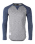 ZIMEGO Men Athletic Fit Baseball Retro Contrast Long Sleeve Raglan T-Shirt in gray and blue colors.