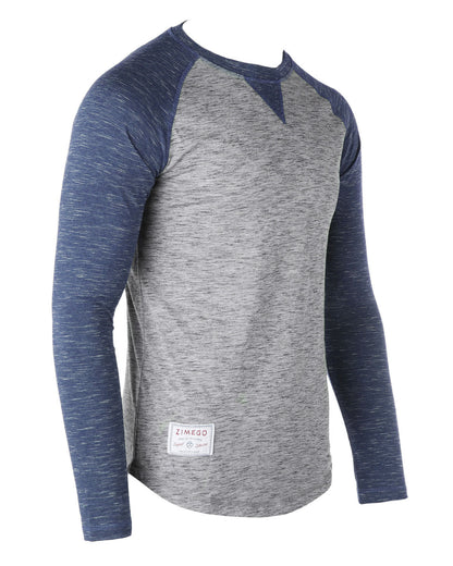 ZIMEGO Men Athletic Fit Baseball Retro Contrast Long Sleeve Raglan T-Shirt in grey and navy blue color combination.