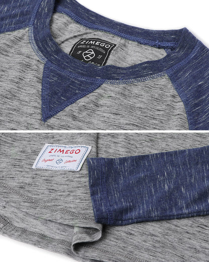 ZIMEGO Men Athletic Fit Baseball Retro Contrast Long Sleeve Raglan T-Shirt close-up of collar and sleeve details.