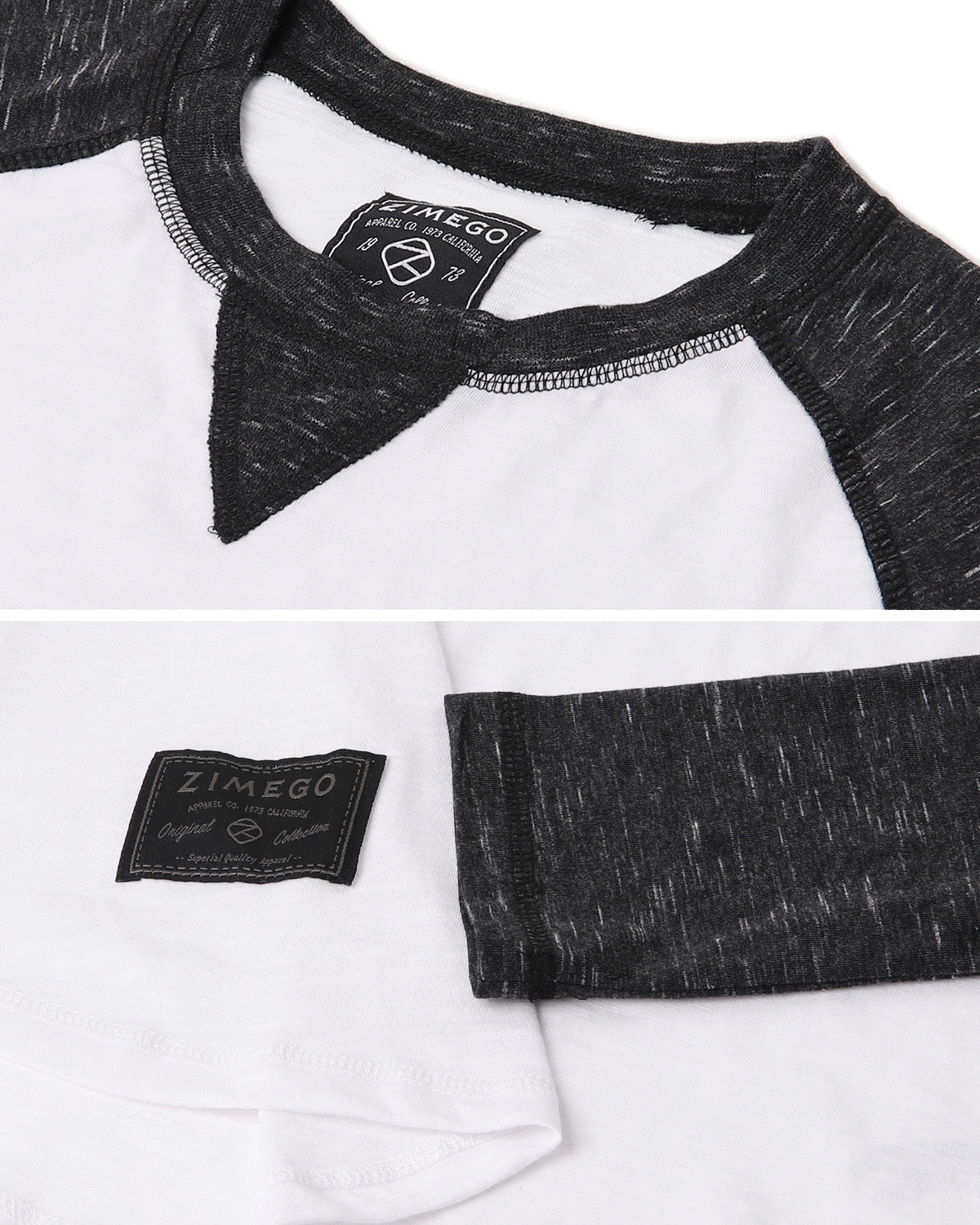 ZIMEGO Men Athletic Fit Baseball Retro Contrast Long Sleeve Raglan T-Shirt detail showing round neck and sleeve design.