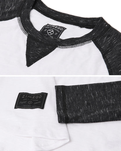 ZIMEGO Men Athletic Fit Baseball Retro Contrast Long Sleeve Raglan T-Shirt detail showing round neck and sleeve design.
