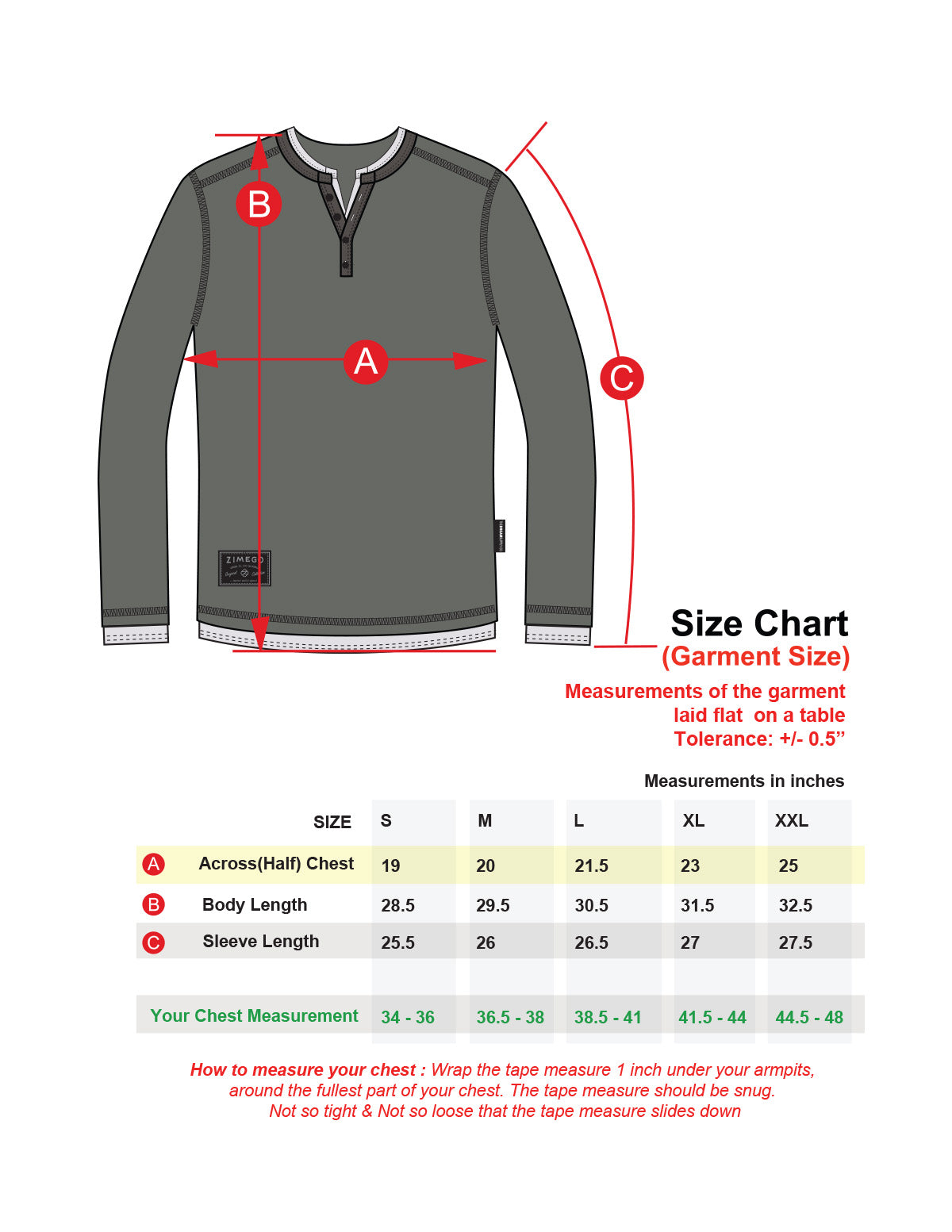 Size chart for ZIMEGO Men&