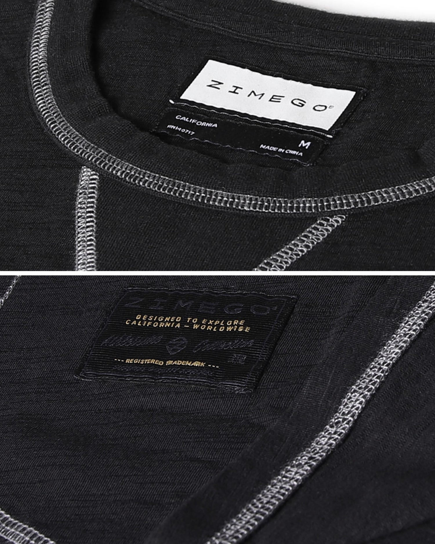 Label and stitching details of the ZIMEGO Signature Classic Long Sleeve Crew Neck T-Shirt for Men.
