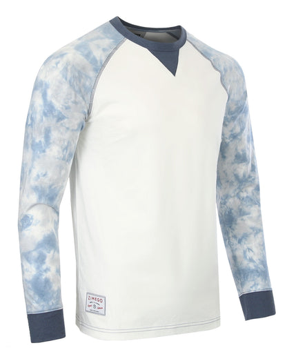 Mens Long Sleeve Tie Dye Modern Fit Stretch Contrast Raglan Casual Crew Neck T-Shirts in blue and white.