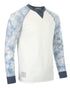 Mens Long Sleeve Tie Dye Modern Fit Stretch Contrast Raglan Casual Crew Neck T-Shirts in blue and white.