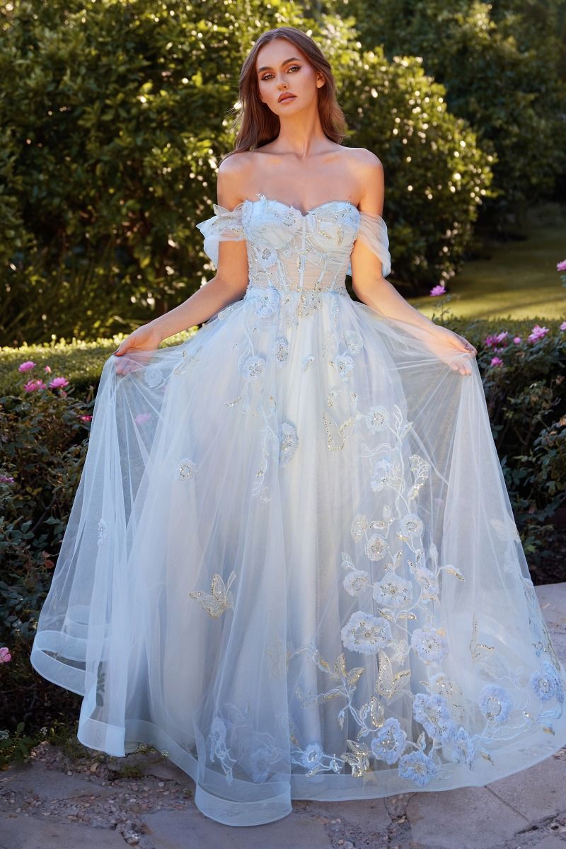 Off The Shoulder Floral Applique Ball Gown with floral embellishments and tulle sleeves in a garden setting.