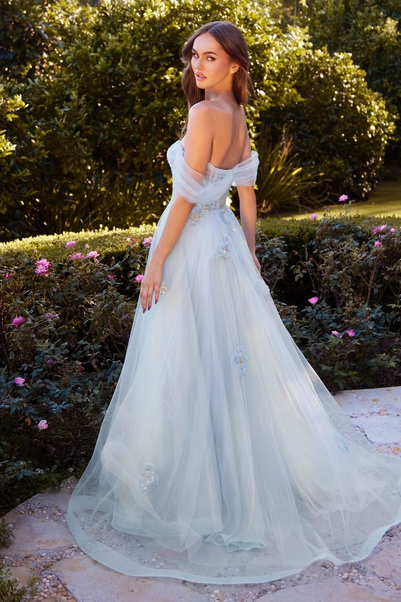 Off The Shoulder Floral Applique Ball Gown showcasing ethereal beauty in soft tulle with floral embellishments.