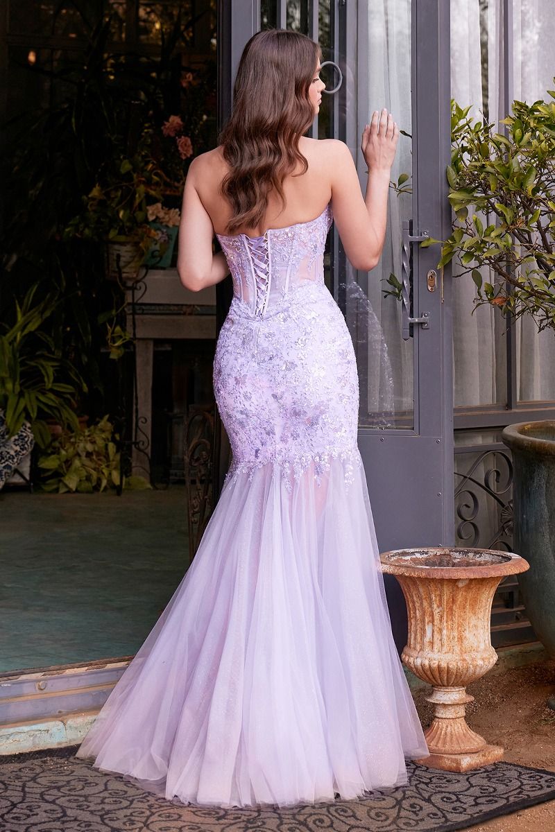 mermaid sequin floral Gown featuring a strapless neckline, showcasing a fitted bodice and layered tulle skirt.