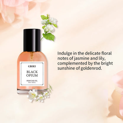 Black Opium Perfume Oil for Women in a BPA-free bottle with floral notes of jasmine and lily.
