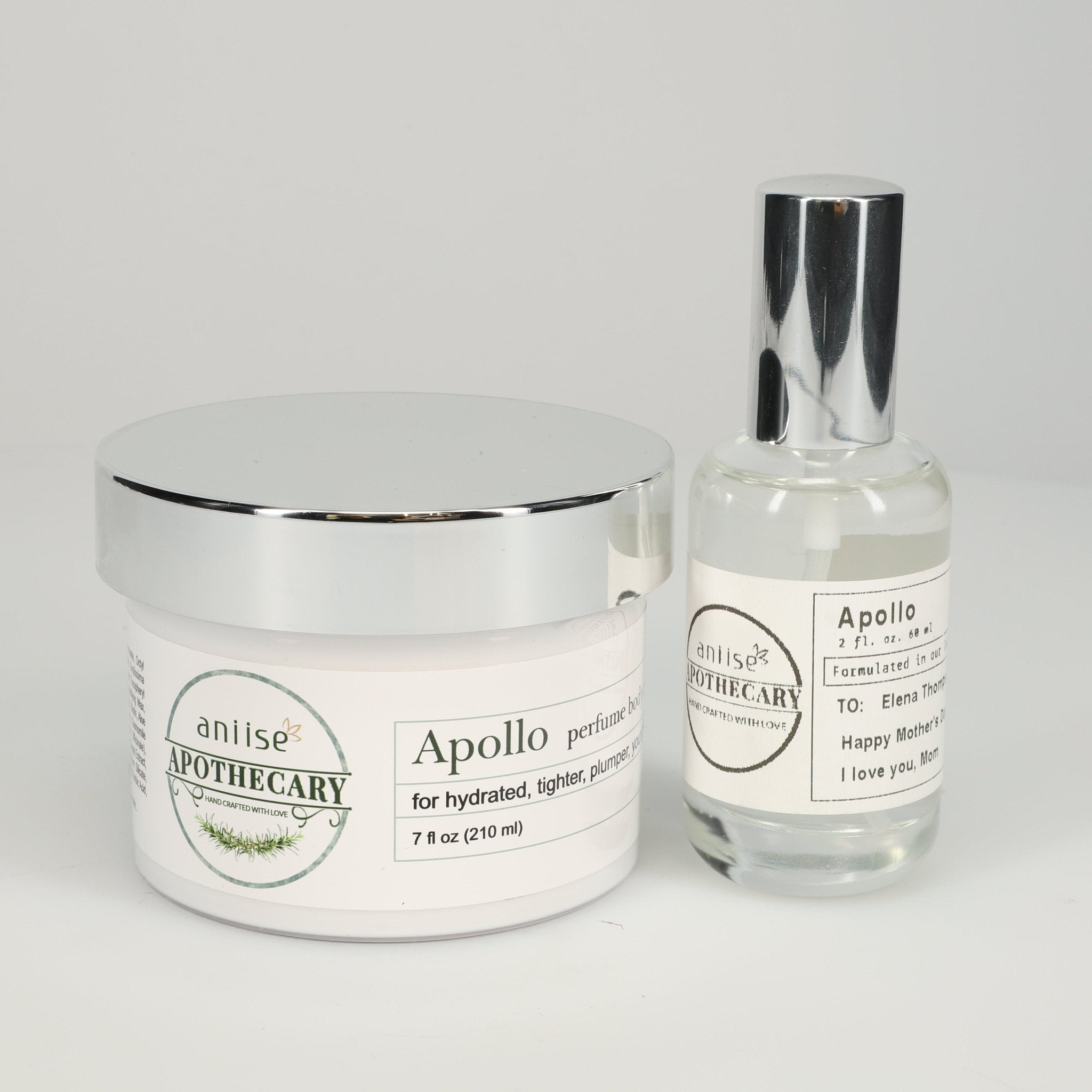 Apothecary Fragrance Oil/Perfume Body Cream Set featuring Apollo scent products in elegant packaging.