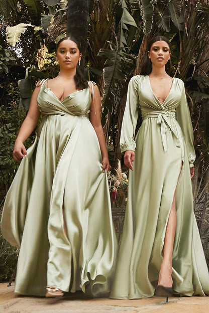 Flowy Satin A-Line Gown worn by models in a lush outdoor setting, showcasing elegant design and flowy silhouette.