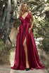 Flowy Satin A-Line Gown in burgundy with adjustable shoulder ties and dramatic leg slit, perfect for bridal parties.