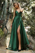 Flowy Satin A-Line Gown with a dramatic leg slit, perfect for elegant occasions and bridal parties.
