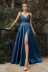 Flowy Satin A-Line Gown featuring a satin finish and dramatic leg slit, perfect for elegant occasions.