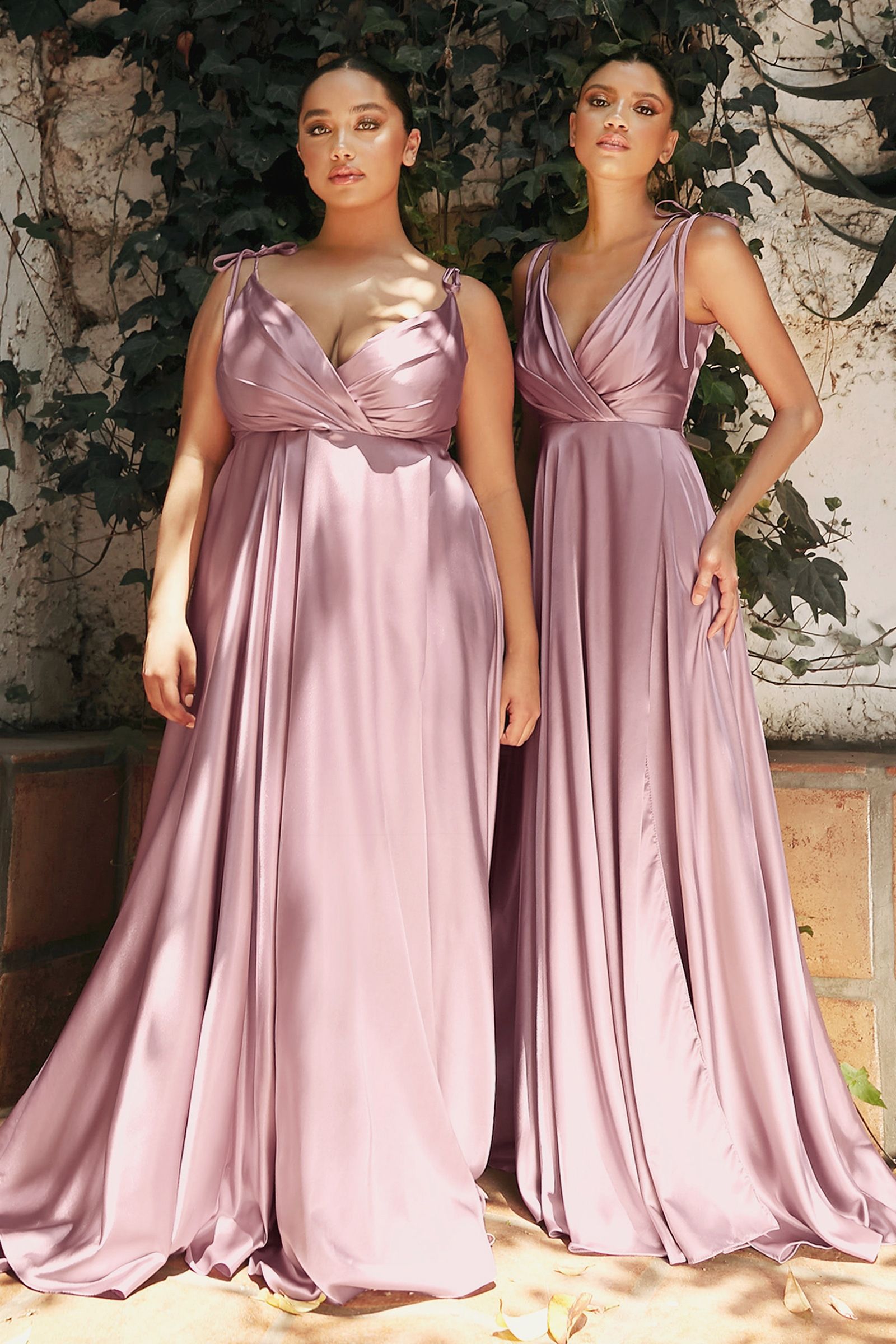 Flowy Satin A-Line Gown worn by two models in elegant pastel colors with adjustable shoulder ties.