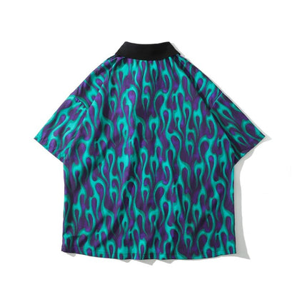 Blue Flame Print Harajuku Shirt Mens Hip Hop Streetwear Hawaiian Shirt Fashion Oversized Short Sleeve Korean Tops back view