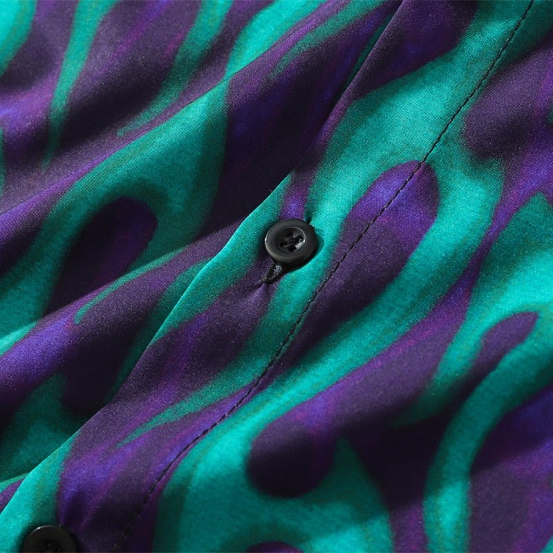 Blue Flame Print Harajuku Shirt Mens Hip Hop Streetwear Hawaiian Shirt Fashion Oversized Short Sleeve Korean Tops close-up of fabric pattern