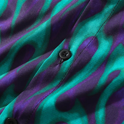 Blue Flame Print Harajuku Shirt Mens Hip Hop Streetwear Hawaiian Shirt Fashion Oversized Short Sleeve Korean Tops close-up of fabric pattern