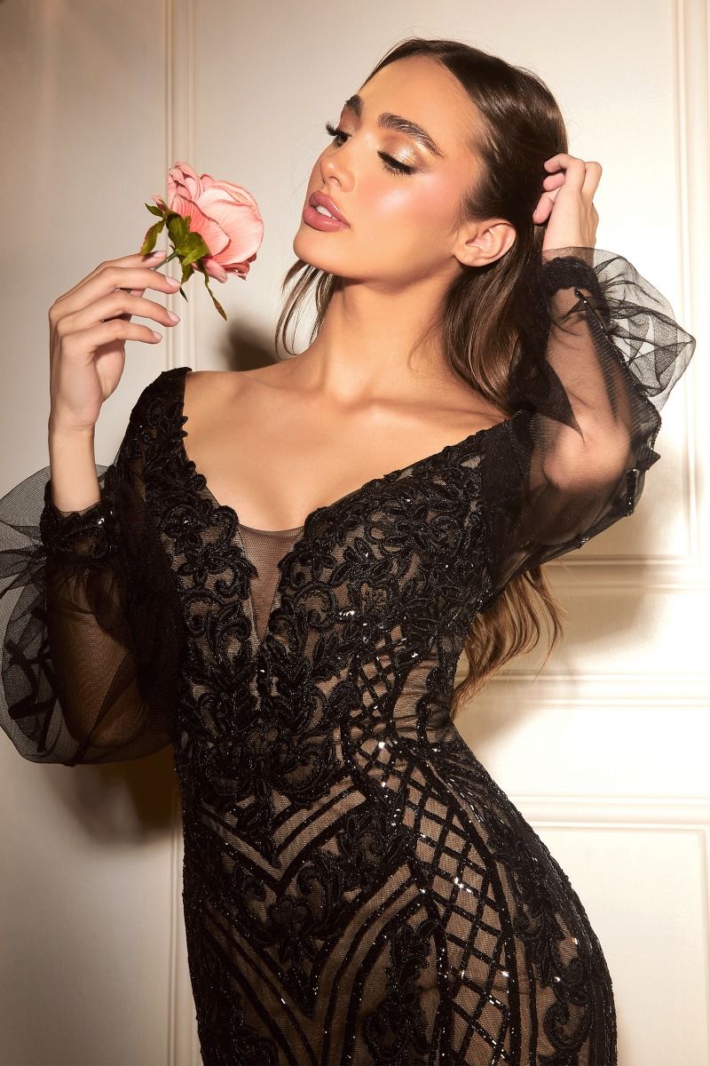 Long Sleeve Mermaid Gown featuring intricate embroidery, sheer bishop sleeves, and a deep v-neckline.