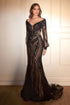 Long Sleeve Mermaid Gown featuring embellished fabric, sheer bishop sleeves, and a deep v-neckline for an elegant look.