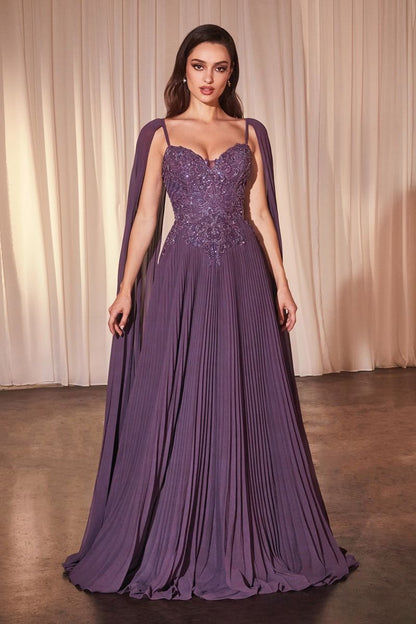 Pleated A-Line Gown With Cape Sleeves featuring intricate lace bodice and elegant cape sleeves.