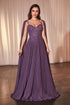 Pleated A-Line Gown With Cape Sleeves featuring intricate lace bodice and elegant cape sleeves.