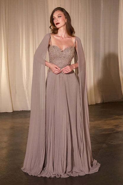 Pleated A-Line Gown With Cape Sleeves featuring pleated design and lace bodice, perfect for elegant occasions.