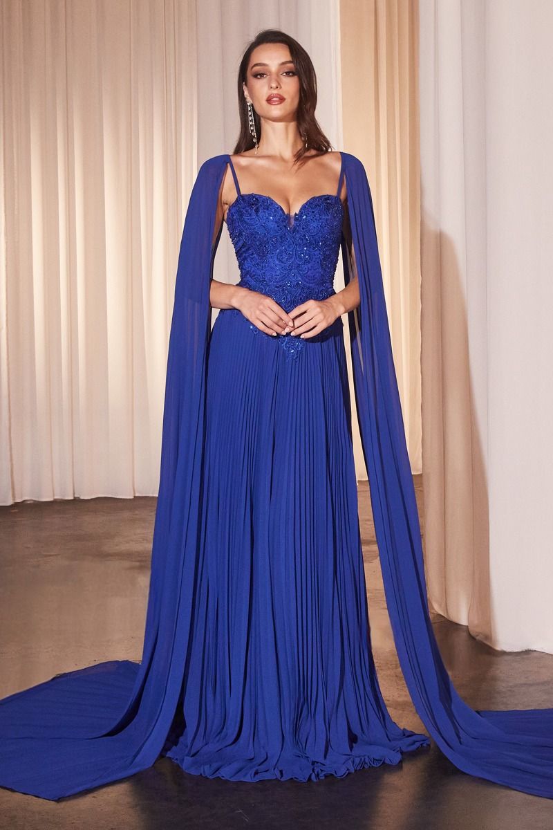 Pleated A-Line Gown With Cape Sleeves in vibrant blue showcasing lace bodice and elegant pleated design.
