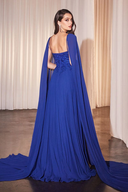 Pleated A-Line Gown With Cape Sleeves in royal blue showcasing back view with flowing fabric and elegant cape sleeves.