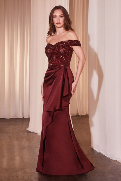 Off The Shoulder Satin &amp; Beaded Gown