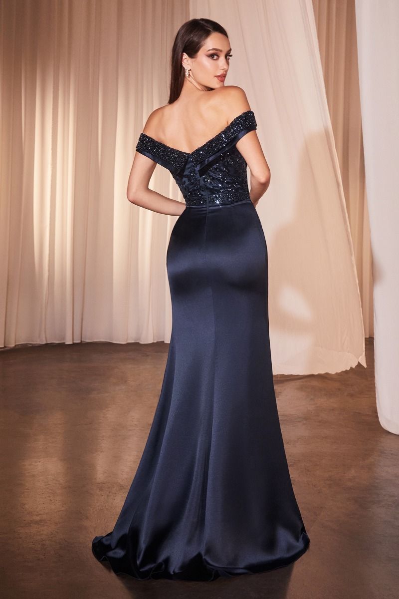 Off The Shoulder Satin &amp; Beaded Gown