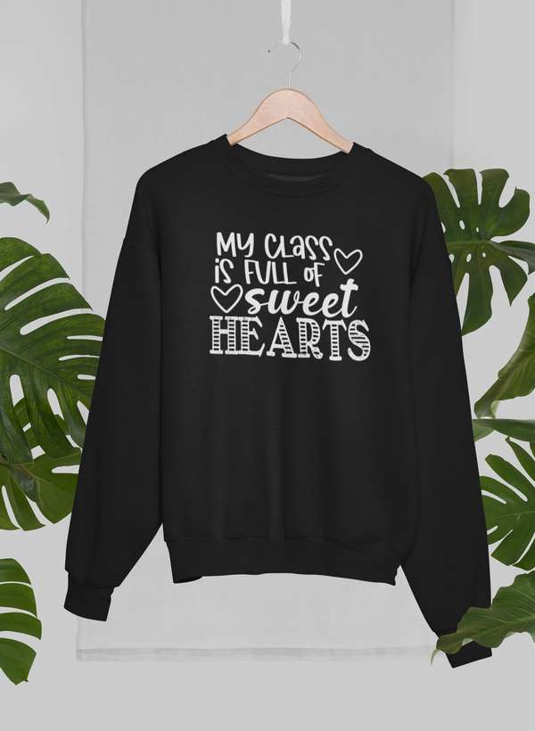 My Class Is Full Of Sweet Hearts Sweat Shirt displayed with plant backdrop on a hanger.